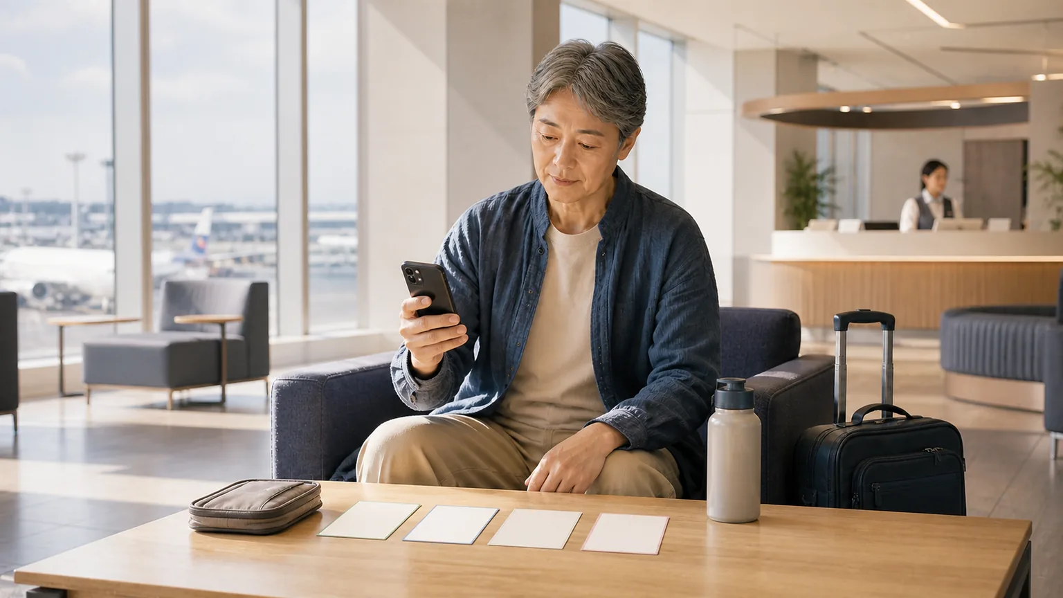 A traveler in an airport seating area checks a phone beside four blank travel-reference cards before leaving.