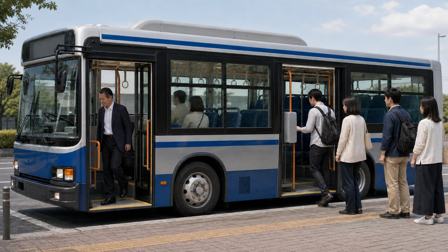 A generic Japanese local bus has an open rear boarding door with a ticket dispenser and a front exit beside the fare box.