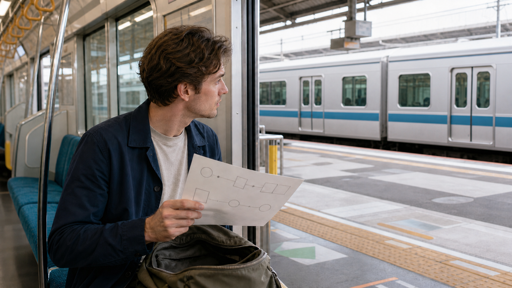 A traveler in a generic train compares an open day bag with route clues while two connecting trains are visible at the platform.