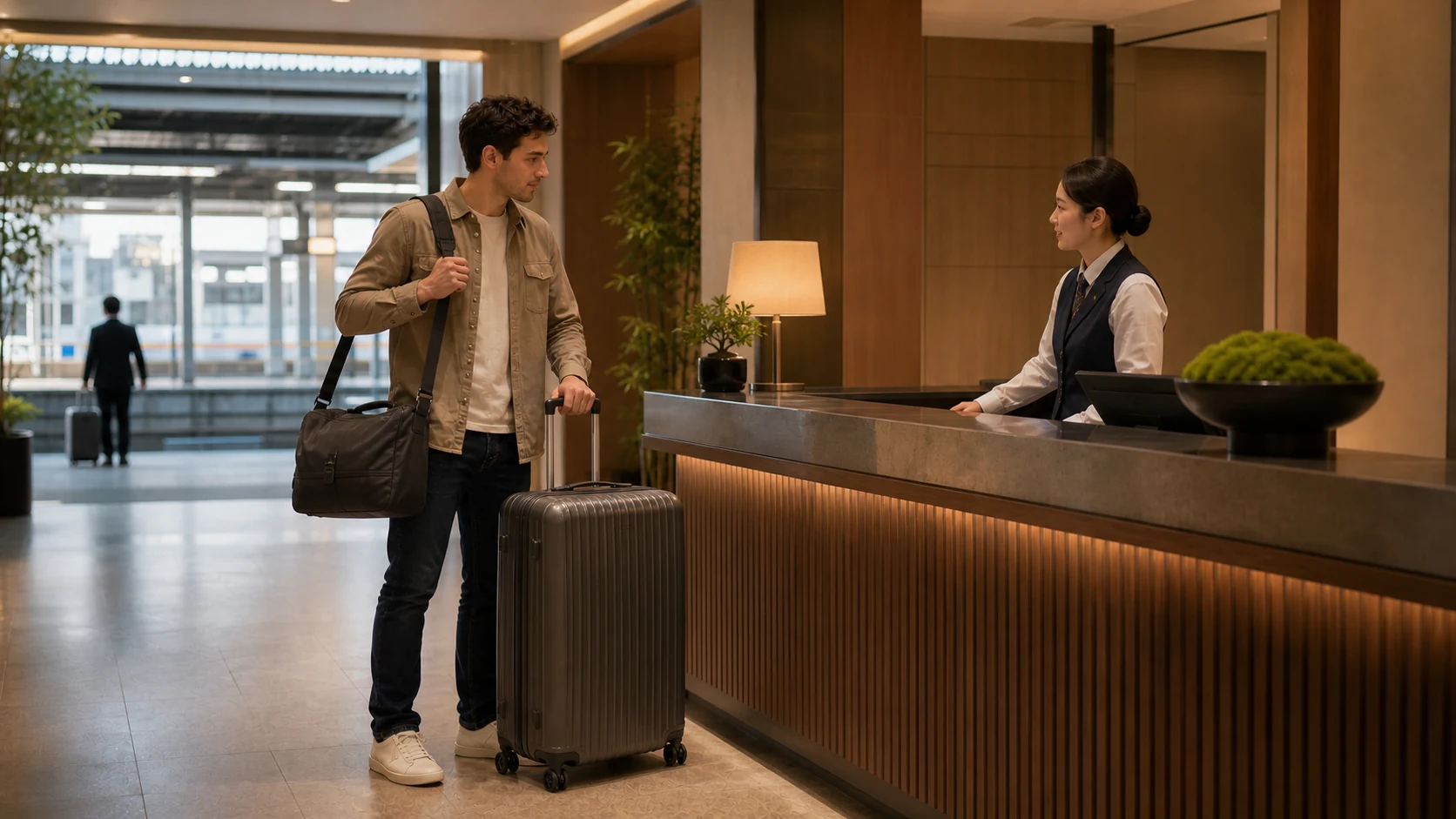 A traveler at a hotel desk separates a compact day bag from a large suitcase for same-day storage.