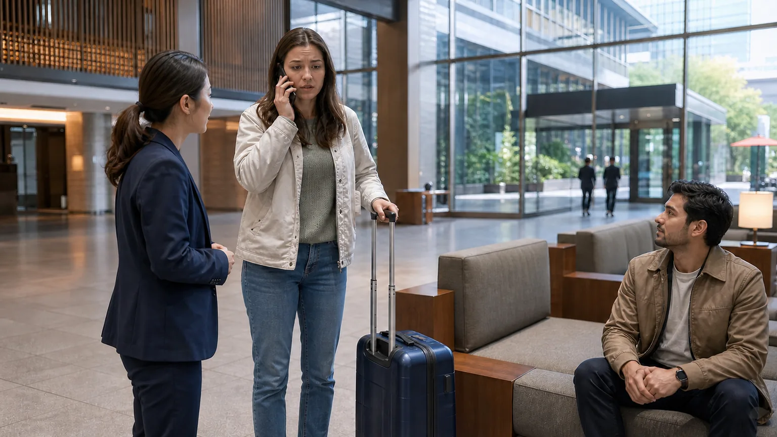 A traveler continues an emergency phone call in a recognizable lobby while a helper stays nearby and another adult sits safely.