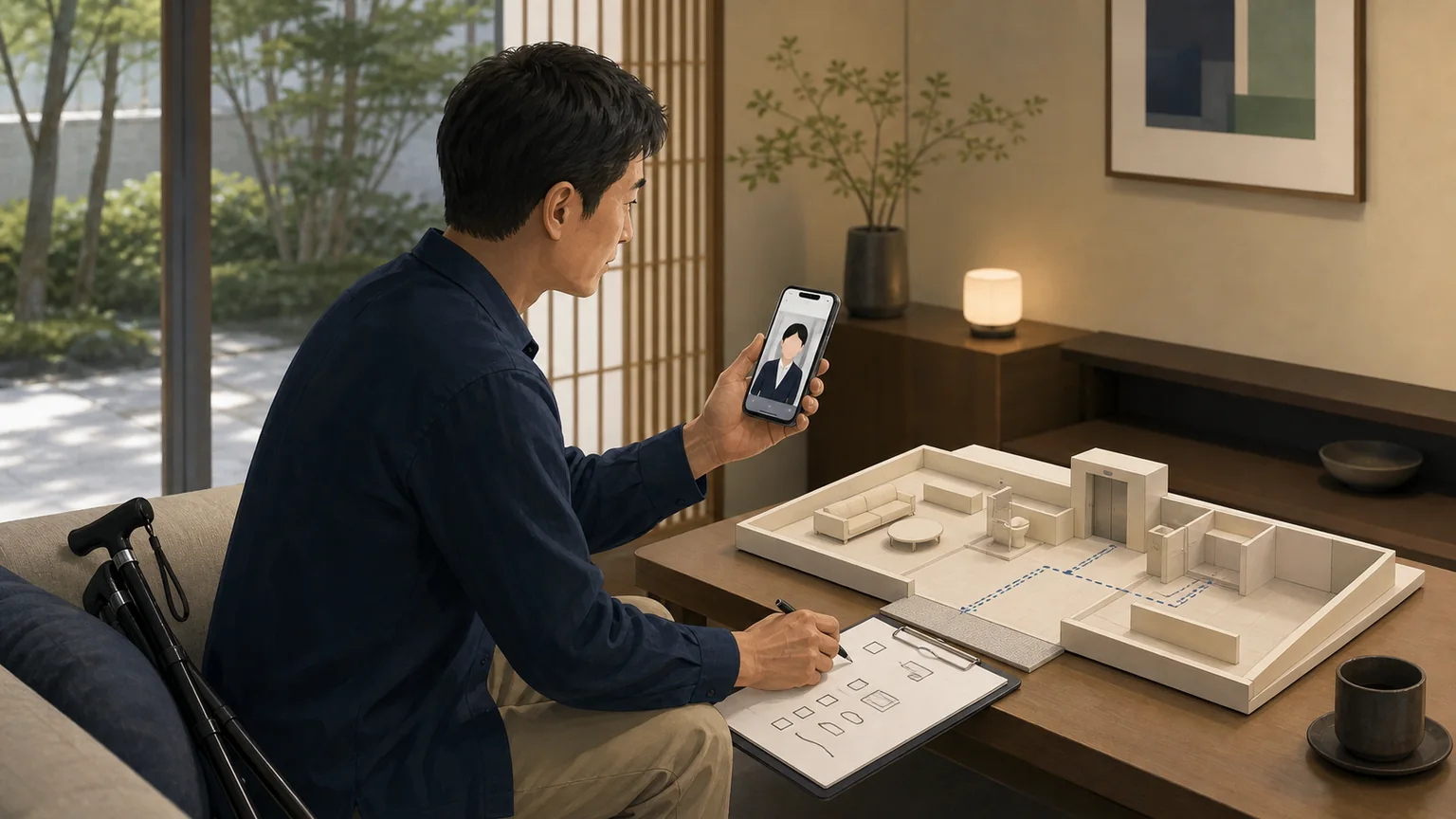 A cane user asks a hotel about a specific lift route while reviewing an abstract floor plan.