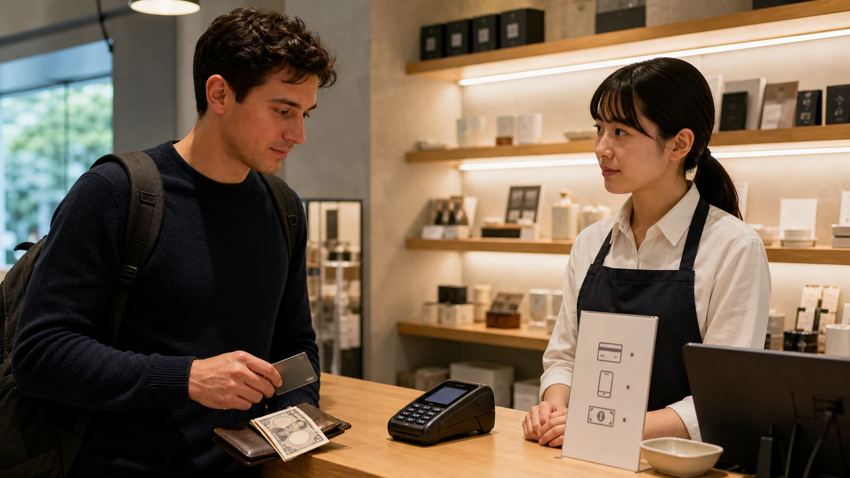 An adult traveler holds an unbranded card beside an open wallet at a checkout while a staff member waits calmly.