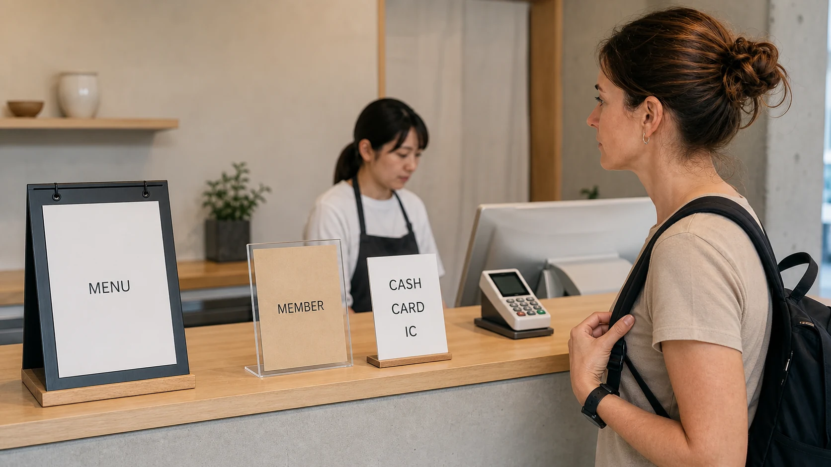 Three separate counter notices stand beside a payment terminal while an adult traveler looks at them.