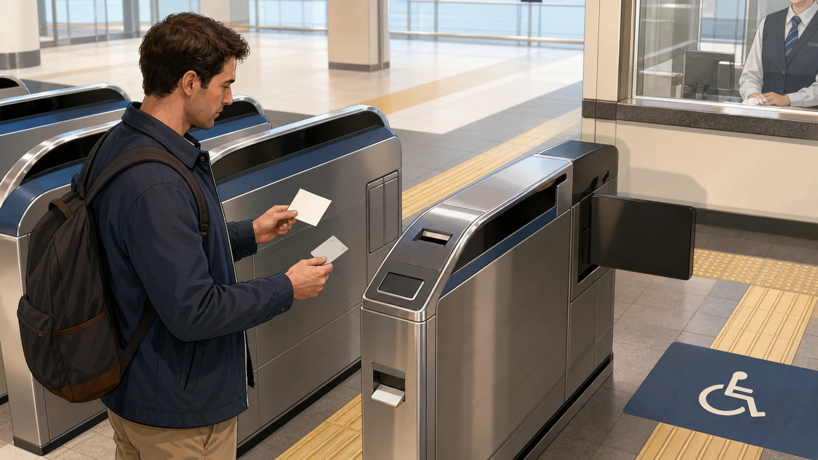 A traveler holds a paper ticket and a rechargeable transit card before a closed Shinkansen transfer gate.
