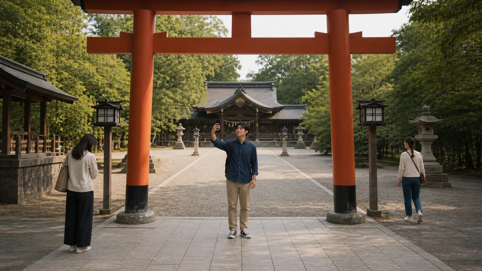 Three adult visitors use different parts of a broad shrine approach beneath a vermilion torii.