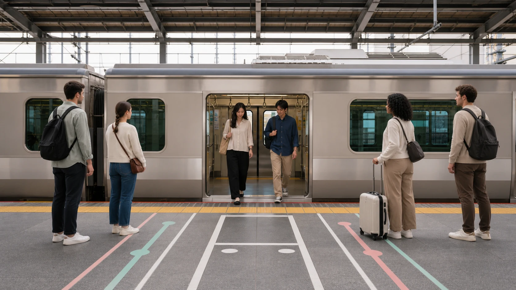 Adult travelers wait beside platform boarding markings while passengers leave a modern Japanese commuter train.
